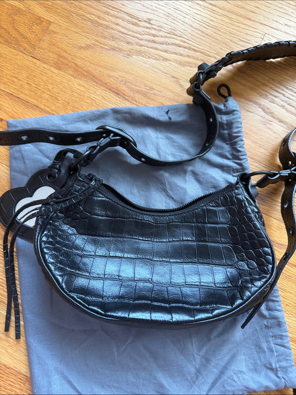 Balenciaga Black Croc-Embossed Shoulder Bag with Heart Charm - Picture 5 of 5